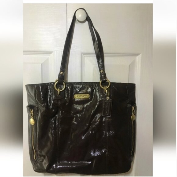 Coach Brown Signature Patern Leather Tote Bag. 12"×12"×2.5" - Picture 1 of 12